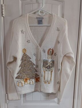 Vintage Victoria Jones Nutcracker Christmas Cardigan Sweater White Beaded Size L